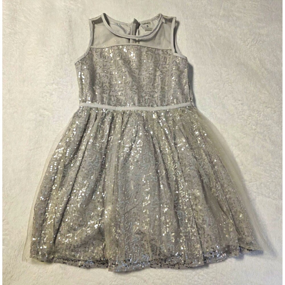 Carter's Girls Silver Sequin Tulle Fit & Flare Sleeveless Dress Size 5 Holiday